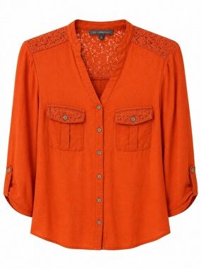 My Collection Burnt Orange Lace Accent Button-Front Blouse Women’s M